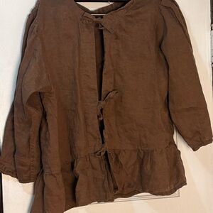 Source Unknown Brown Linen Tie-Front Ruffle Hem Top